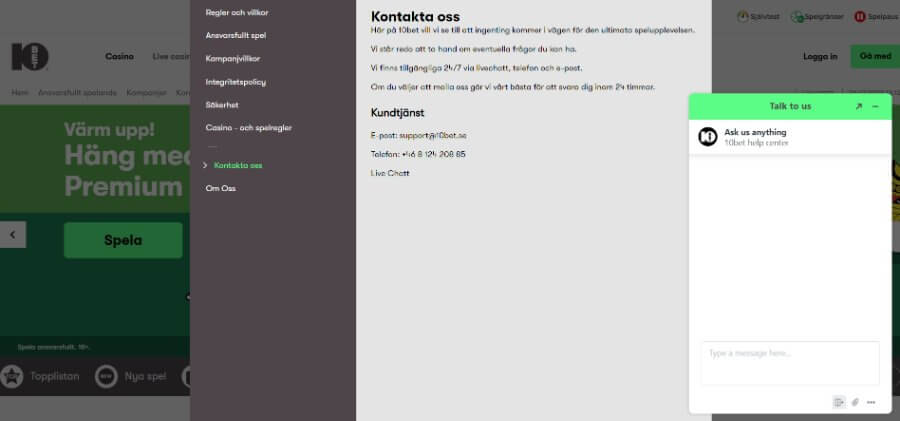 10Bet Casino kundtjänst