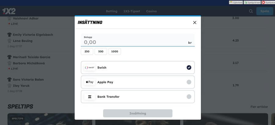 Insättningsmetoder på 1X2 Casino