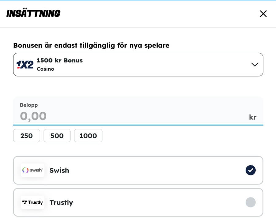 Insättning hos 1x2 Casino