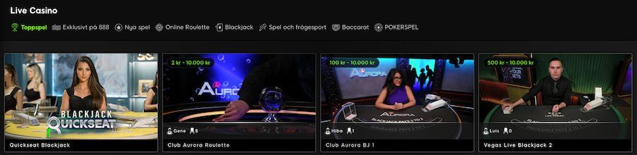 Live casinot hos 888