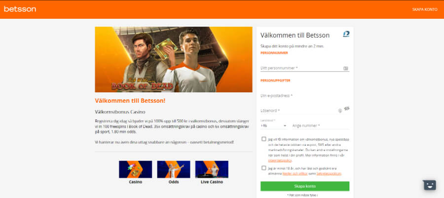 Registrera konto på Betsson