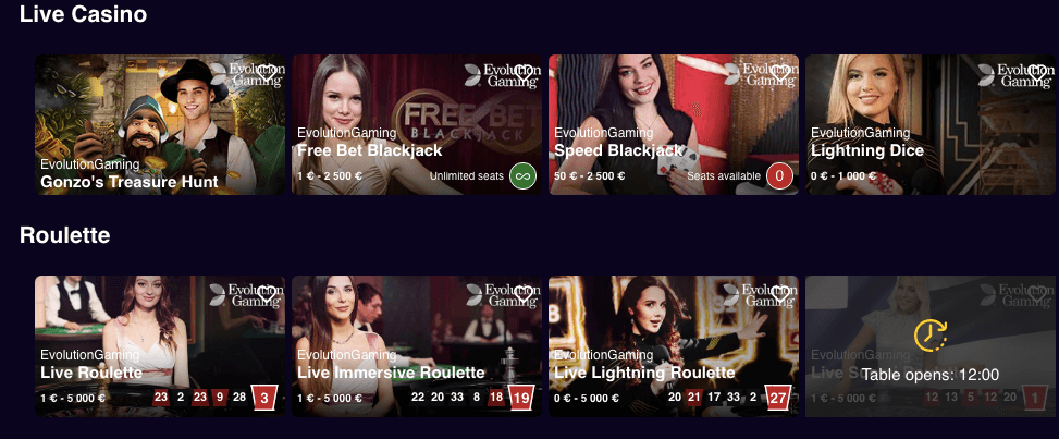 Live Casinot hos Buster Banks distribueras av Evolution Gaming.