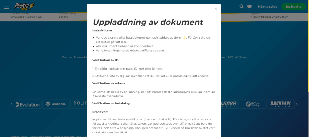 Uppladdning av dokument på Pronto Casino