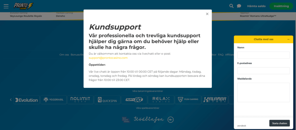 Pronto Casino kundtjänst