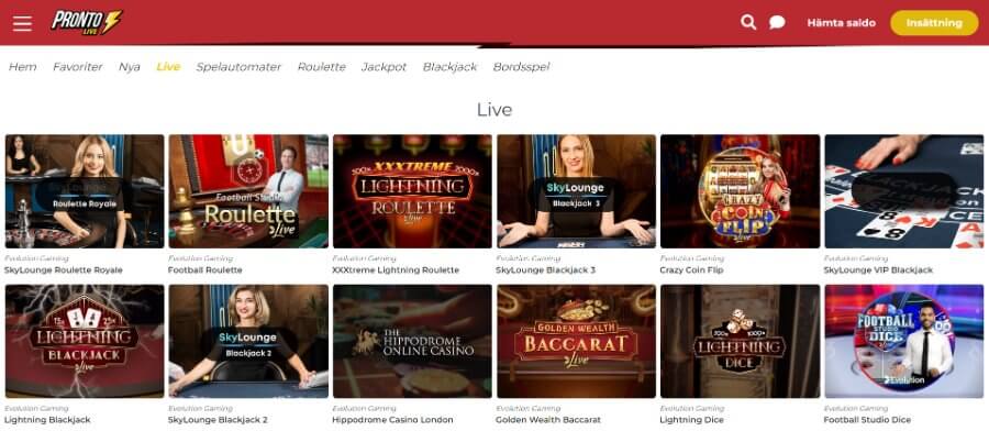 Pronto Live - utbud av live casino spel