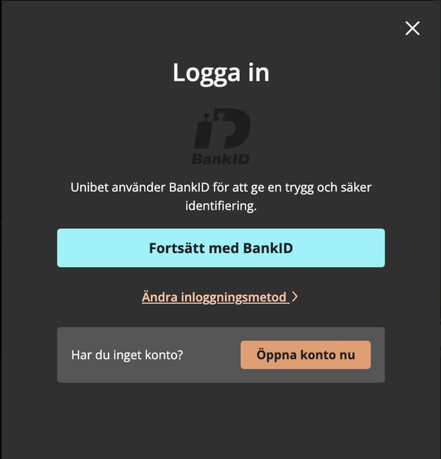 Inloggningssida från Storspelare där du uppmanas använda Bank ID.