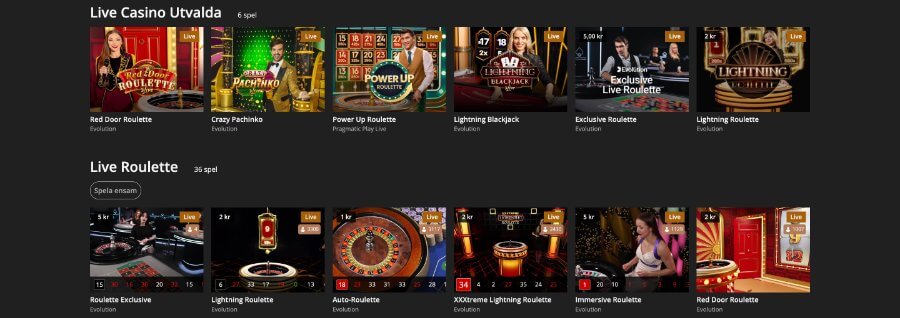 Exempel på live spel som Storspelare erbjuder.