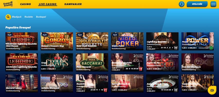 Live Casino spel på Supersnabbt