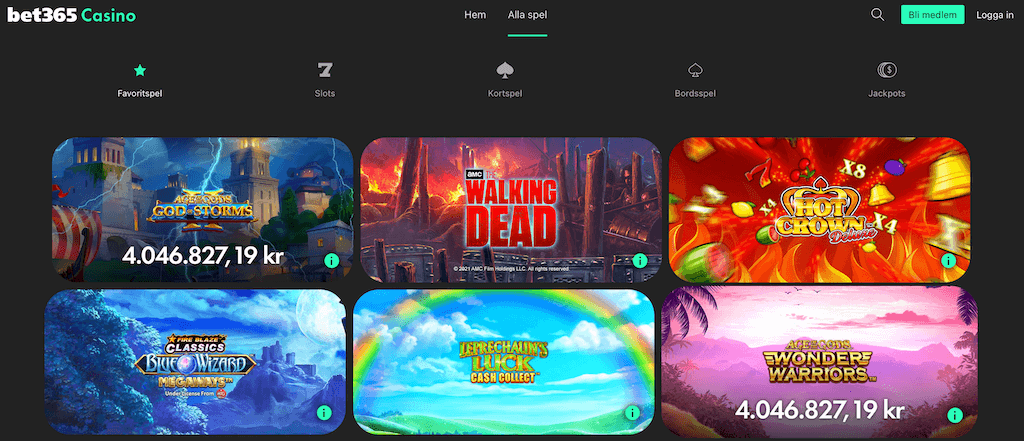 bet365's utbud av slots.