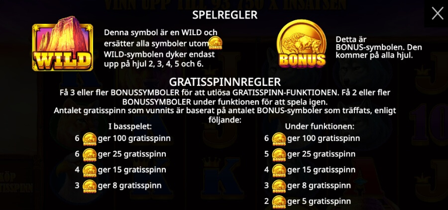 Bonussymboler, Wildsymboler och free spin regler från Buffalo King.