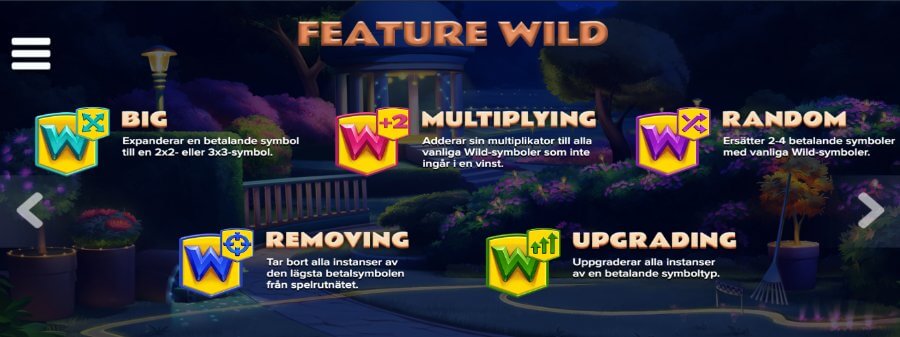 Illustrering av de 5 olika typer av Feature Wild-symboler som finns i Buggin.