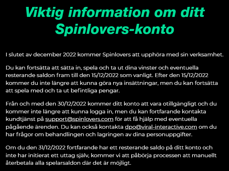 Spinlovers stänger ner sin verksamhet i Sverige