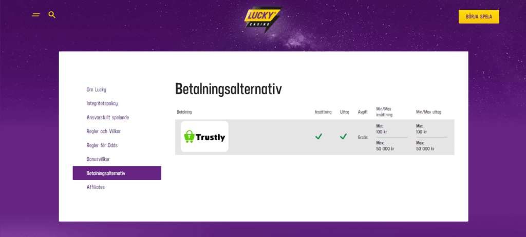 Lucky Casino betalningsmetoder