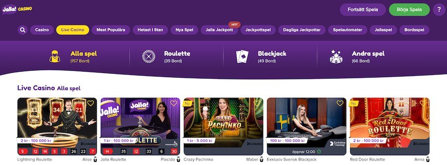 Jalla Casinos livespel