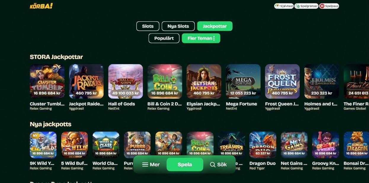 Jackpottsidan hos Körba med aktuella jackpottsummor på Cluster Tumble, Hall of Gods och Mega Fortune