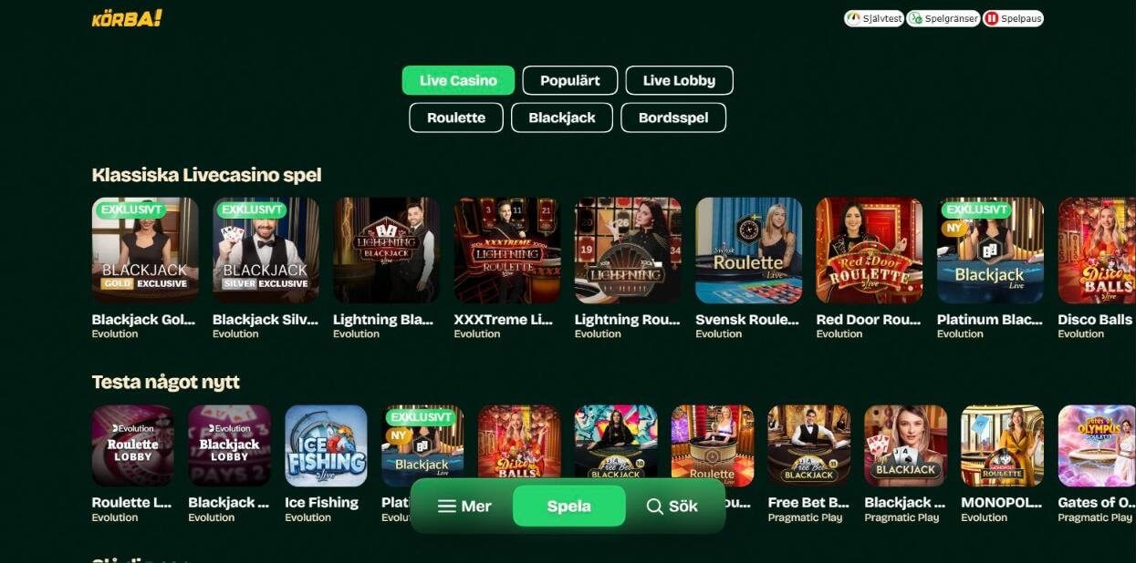Live casino-lobbyn hos Körba med de exklusiva borden Blackjack Gold och Blackjack Silver