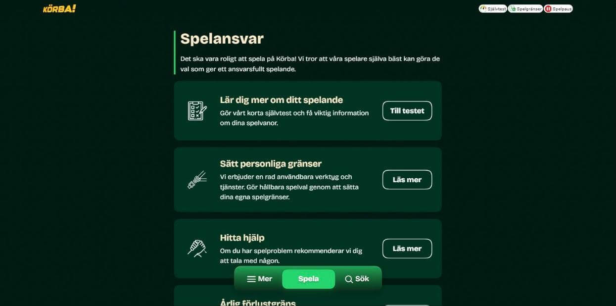 Spelansvarssidan hos Körba med självtest, personliga spelgränser och årlig förlustgräns