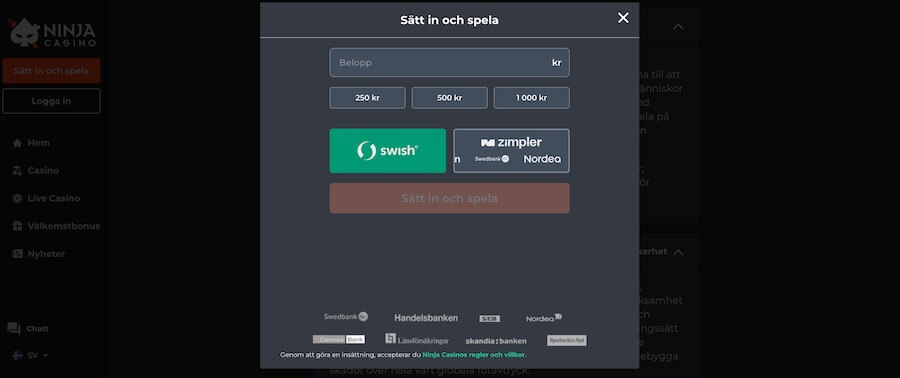 Ninja Casinos insättningsmetod