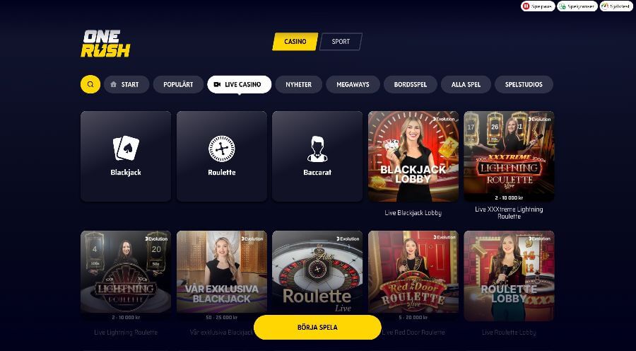 Onerush casino - huvudsidan