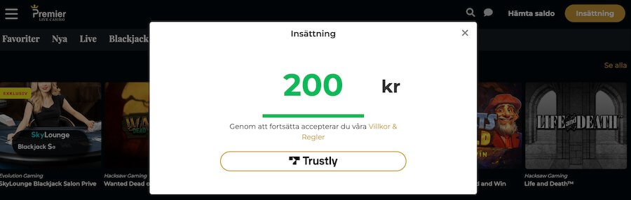 Premier Live Casinos insättning