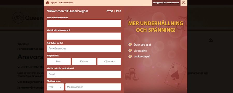 Queen Vegas registreringsprocess