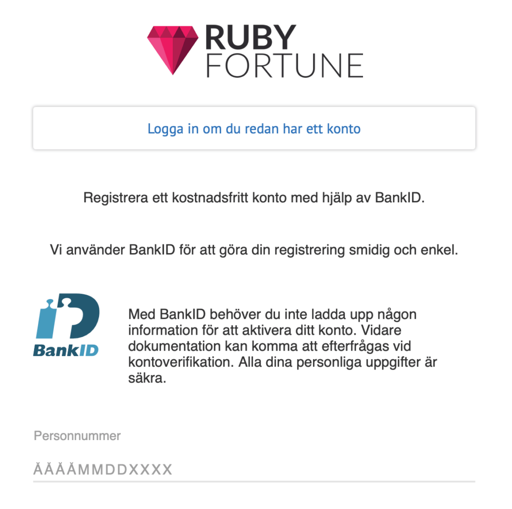 Registrering hos Ruby Fortune.
