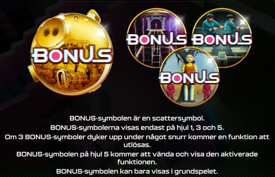 Bonussymbolen och symboler för bonusspelen från Squid Game One Lucky Day.