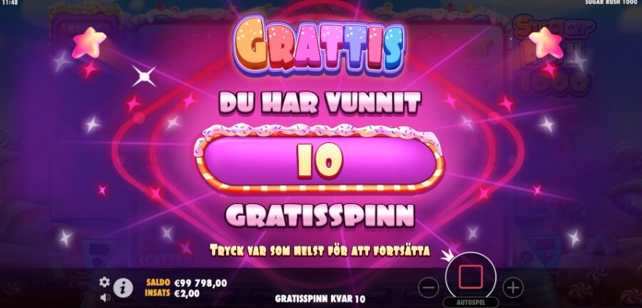 Du har vinnit free spin - pop up från Sugar Rush 1000.