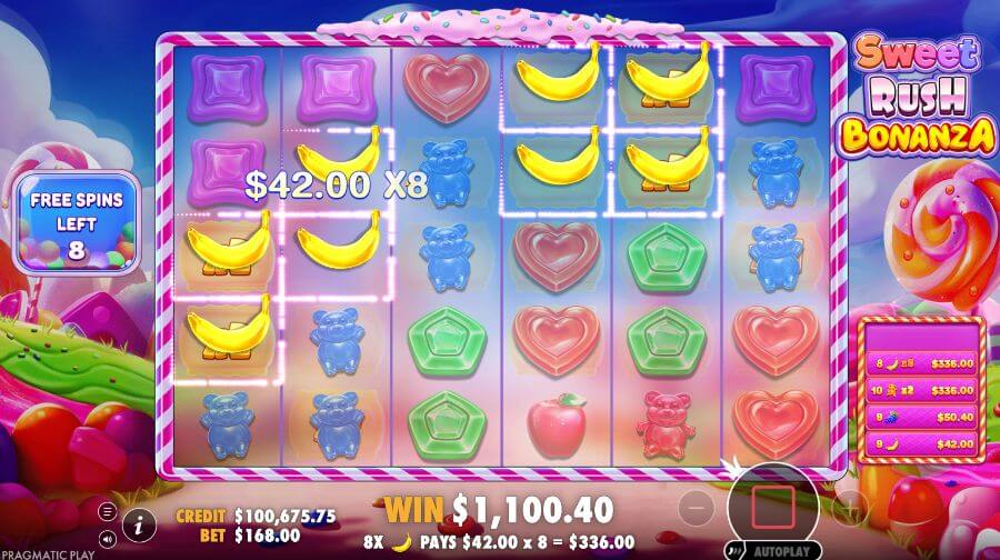 Bild på Sweet Rush Bonanza med vinster. 