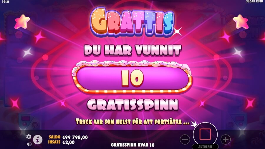 Du har vinnit free spin - pop up från Sugar Rush.