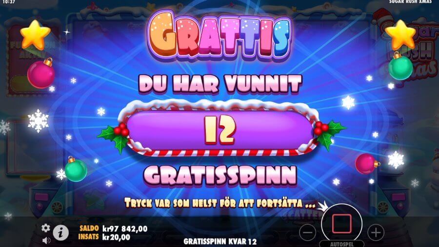 Du har vinnit free spin - pop up från Sugar Rush Xmas.