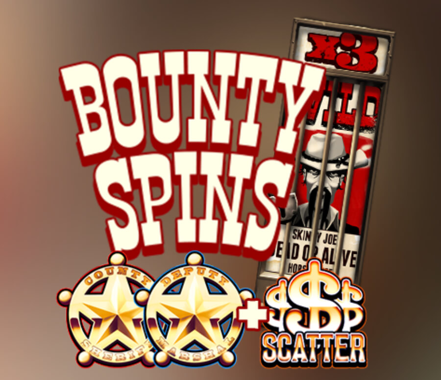Wildsymbol, stjärnsymboler och scatters från Tombstone No Mercy som symboliserar Bounty spins.